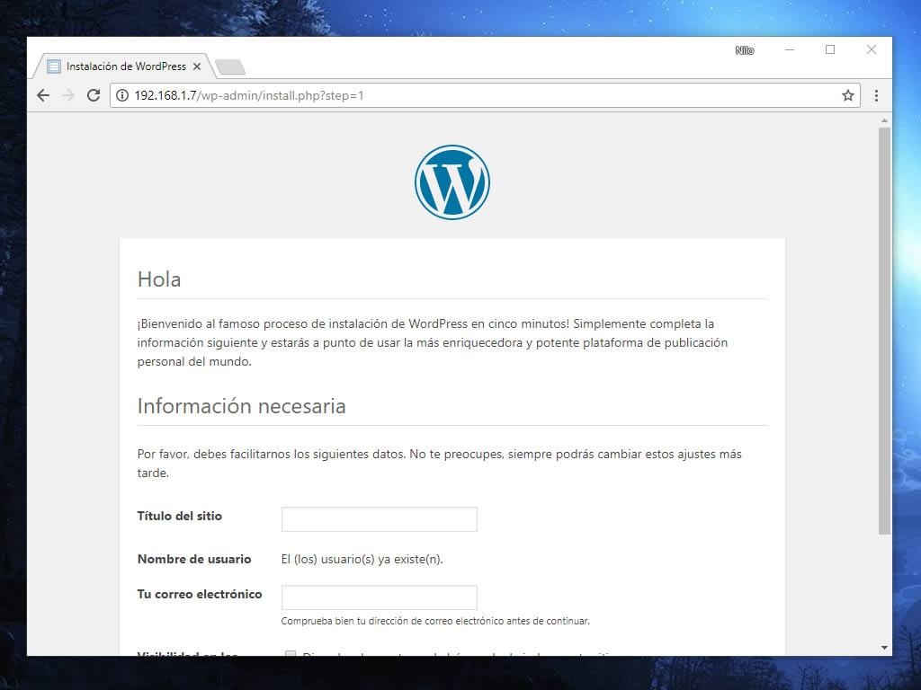 Bienvenida de un contenedor Docker con WordPress